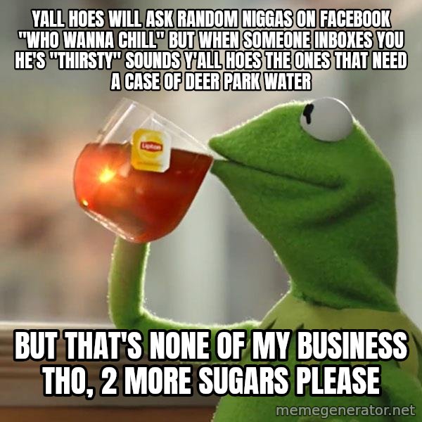 Kermit The Frog Drinking Tea meme: Yall hoes will ask random niggas on facebook "Who wanna chill" but when someone inboxes you he's "Thirsty" sounds y'all hoes the ones that need a case of Deer Park water / But that's none of my business tho, 2 more sugars please