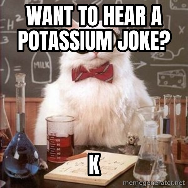 Chemistry Cat meme: Want to hear a potassium joke? / K