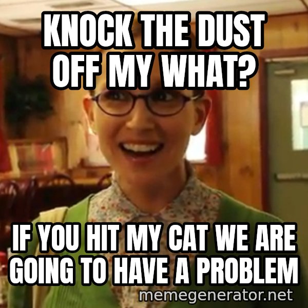 Sexually Oblivious Female meme: knock the dust off my what? / if you hit my cat we are going to have a problem