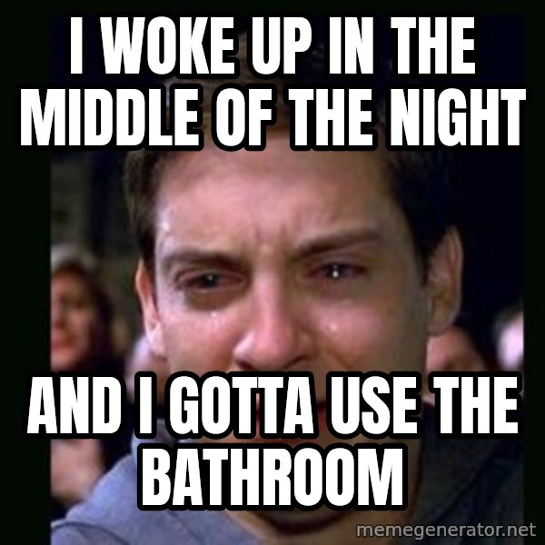 crying peter parker meme: I woke up in the middle of the night / and i gotta use the bathroom