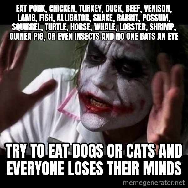 joker mind loss meme: Eat pork, chicken, turkey, duck, beef, venison, lamb, fish, alligator, snake, rabbit, possum, squirrel, Turtle, horse, whale, lobster, shrimp, guinea pig, or even insects and no one bats an eye / Try to eat Dogs or cats and everyone loses their minds