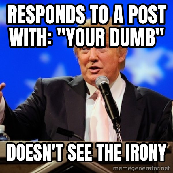 Annoying Facebook Girl meme: Responds to a post with: "Your dumb" / Doesn't see the irony