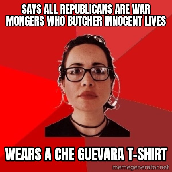 Liberal Douche Garofalo meme: says all republicans are war mongers who butcher innocent lives / wears a che guevara    t-shirt