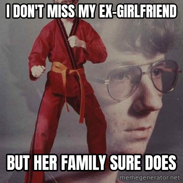 PTSD Karate Kyle meme: i don't miss my ex-girlfriend / but her family sure does