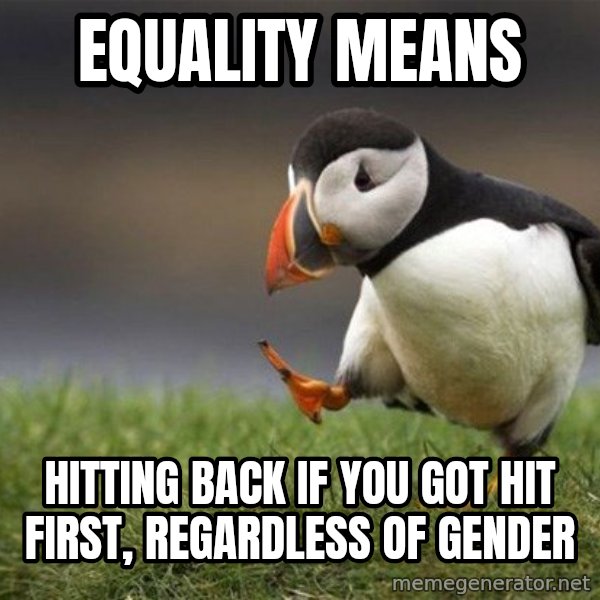 Unpopular Opinion Puffin meme: equality means / hitting back if you got hit first, regardless of gender