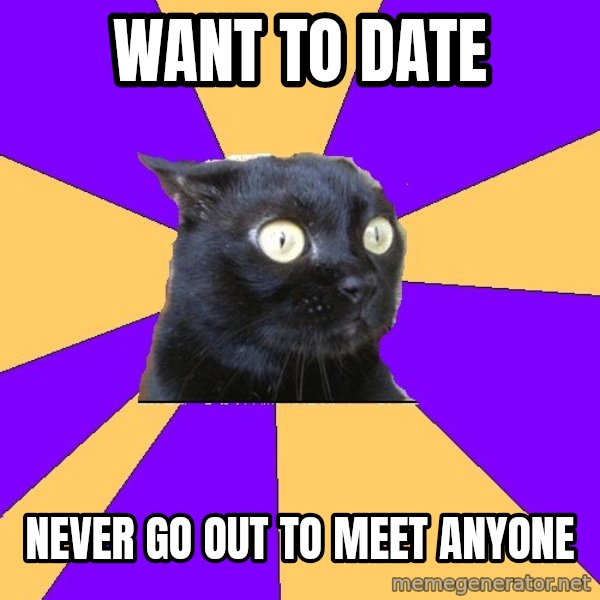 Anxiety Cat meme: want to date / never go out to meet anyone