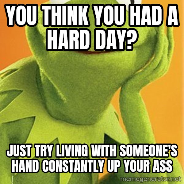 Kermit the frog meme: you think you had a hard day? / Just try living with someone's hand constantly up your ass