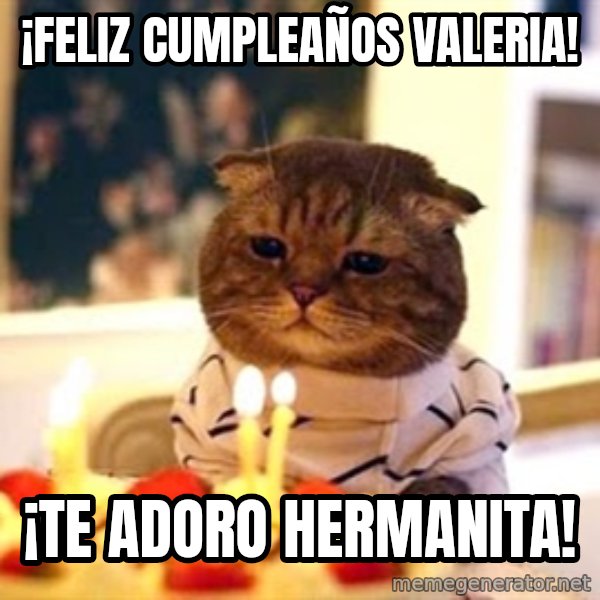 Birthday Cat meme: ¡Feliz cumpleaños valeria! / ¡Te adoro hermanita!