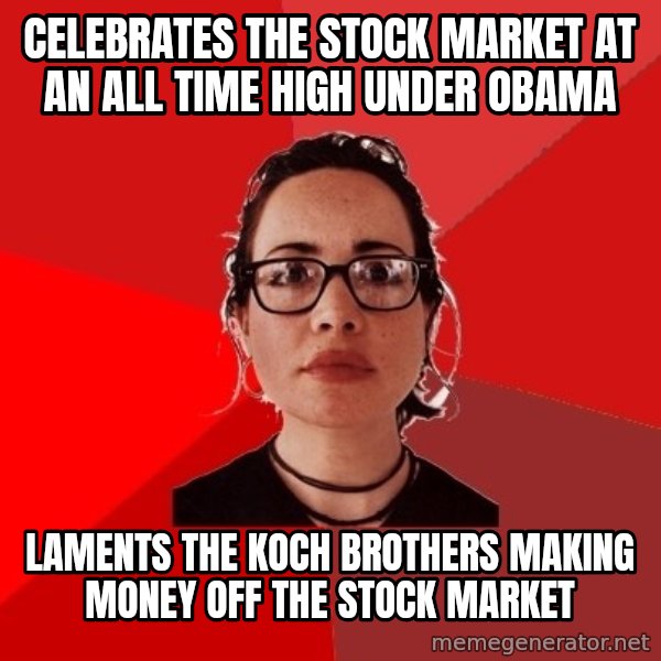 Liberal Douche Garofalo meme: celebrates the stock market at an all time high under obama / laments the koch brothers making money off the stock market