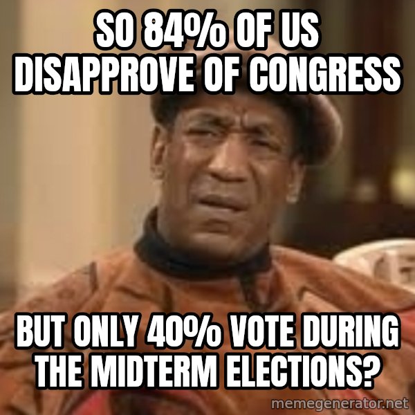 Confused Bill Cosby  meme: So 84% of us disapprove of congress / but only 40% vote during the midterm elections?