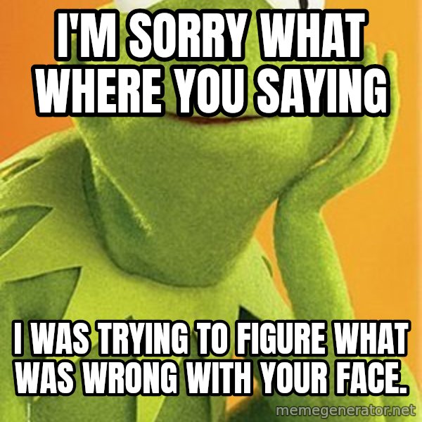 Kermit the frog meme: I'm sorry what where you saying / I was trying to figure what was wrong with your face.