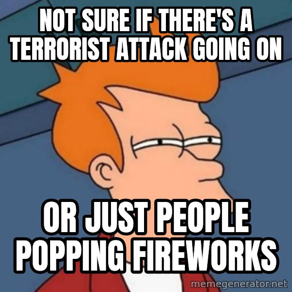 Not sure if troll meme: Not sure if there's a terrorist attack going on / Or just people popping fireworks
