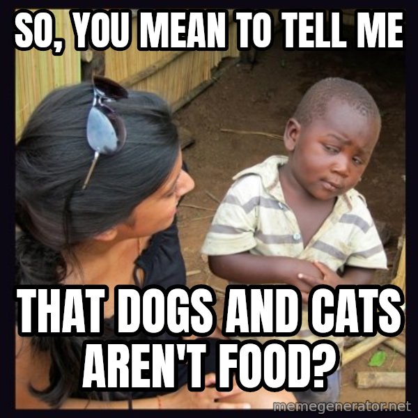 Skeptical third-world kid meme: so, you mean to tell me / that dogs and cats aren't food?