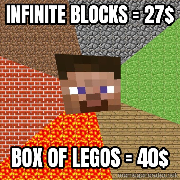 Minecraft Guy meme: iNFINITE BLOCKS = 27$ / Box of legos = 40$