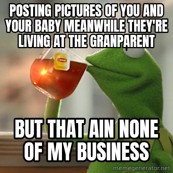 Kermit The Frog Drinking Tea meme: posting pictures of you and your baby meanwhile they're living at the granparent / But that ain none of my business