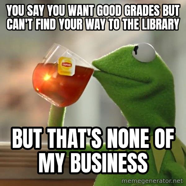 Kermit The Frog Drinking Tea meme: YOU SAY YOU WANT GOOD GRADES BUT CAN'T FIND YOUR WAY TO THE LIBRARY / BUT THAT'S NONE OF MY BUSINESS