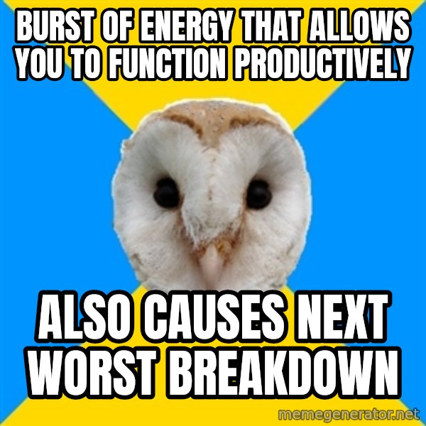 Bipolar Owl meme: burst of energy that allows you to function productively / also causes next worst breakdown