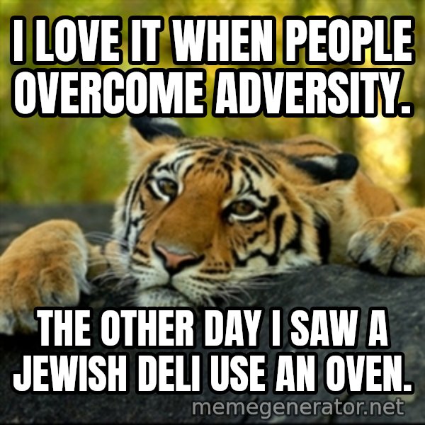 Confession Tiger meme: i love it when people overcome adversity. / the other day i saw  a jewish deli use an oven.