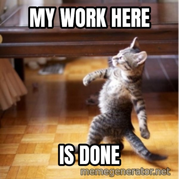 walking cat meme: my work here / is done