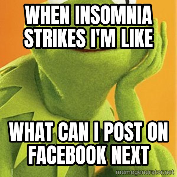 Kermit the frog meme: When insomnia strikes I'm like / What can I post on facebook next