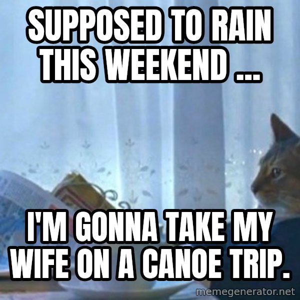 newspaper cat realization meme: Supposed to rain this weekend ... / I'm gonna take my wife on a canoe trip.