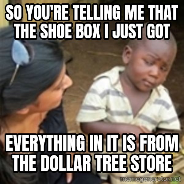 Skeptical african kid  meme: So you're telling me that the shoe box I just got / everything in it is from the dollar tree store