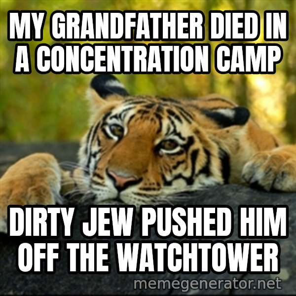 Confession Tiger meme: My grandFATHER DIED IN A CONCENTRATION CAMP / dIRTY JEW PUSHED HIM OFF THE WATCHTOWER