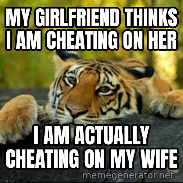 Confession Tiger meme: My girlfriend thinks i am cheating on her / i am actually cheating on my wife