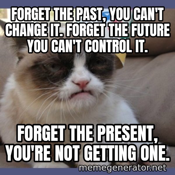 Birthday Grumpy Cat meme: forget the past, you can't change it. forget the future you can't control it. / forget the present, you're not getting one.