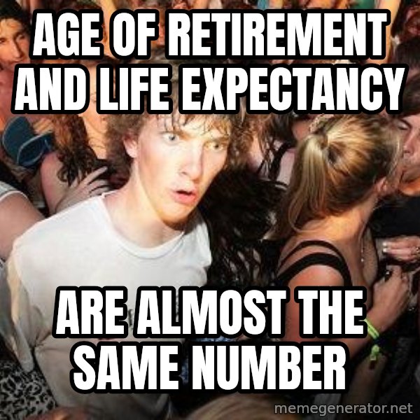 Sudden Realization Ralph meme: age of Retirement and  life expectancy / are almost the same number