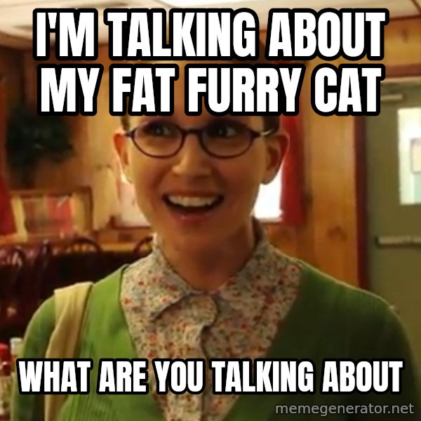 Sexually Oblivious Female meme: i'm talking about my fat furry cat / what are you talking about