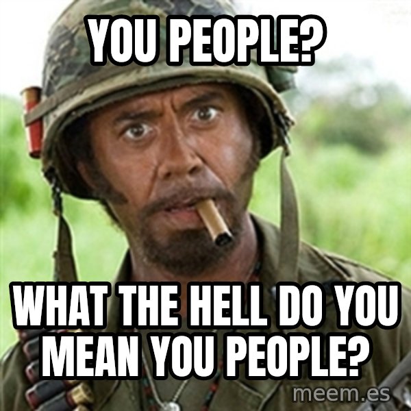 Tropic Thunder Downey meme: YOU PEOPLE? / WHAT THE HELL DO YOU MEAN YOU PEOPLE?