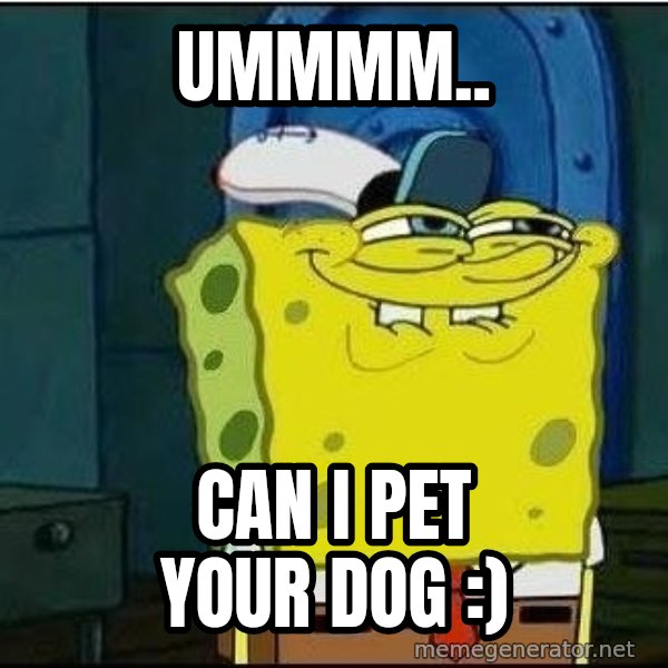Spongebob Face meme: Ummmm.. / Can i pet your dog :)