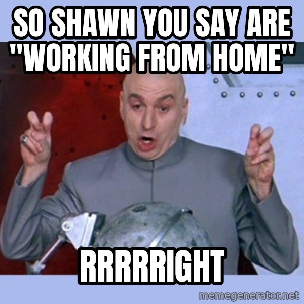 Dr Evil meme meme: SO SHAWN YOU SAY ARE "WORKING FROM HOME" / RRRRRIGHT