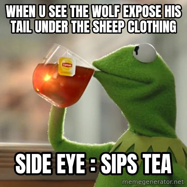 Kermit The Frog Drinking Tea meme: when u see the wolf expose his tail under the sheep clothing / side eye : sips tea