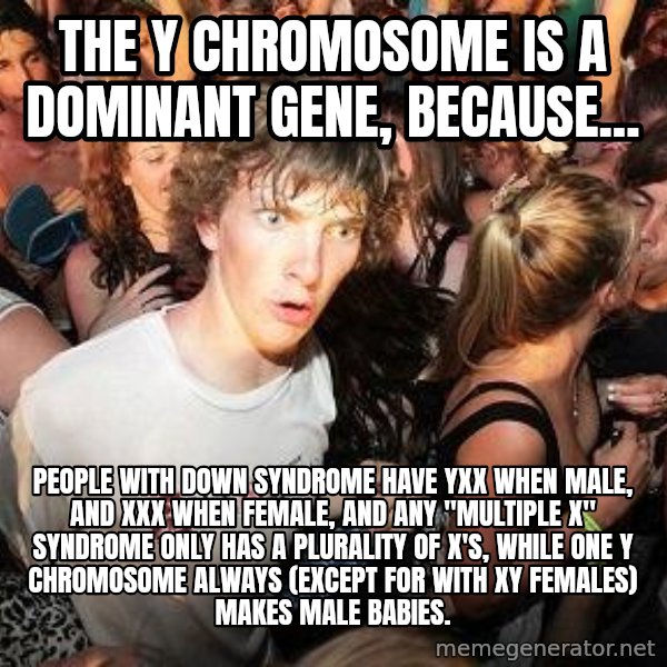 Sudden Realization Ralph meme: The Y chromosome is a dominant gene, because... / People with down SyNDrOmE have YXX when male, and XXX when female, and any ''multiple X'' syndrome only has a plurality of X's, while one Y chromosome always (except for with XY females) makes male babies.