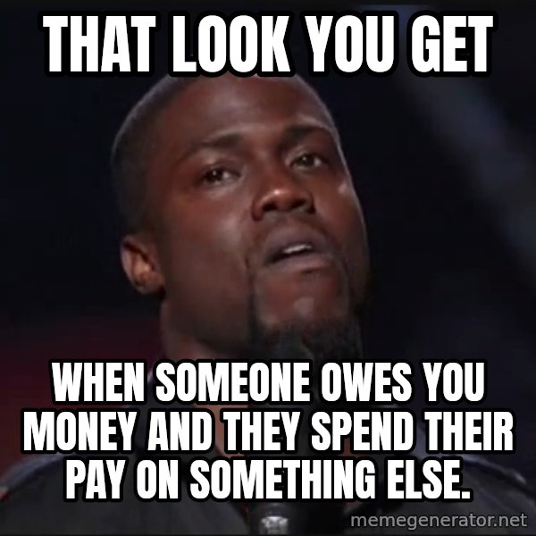 Kevin Hart Face meme: That look you get / When someone owes  you money and they spend their pay on something else.