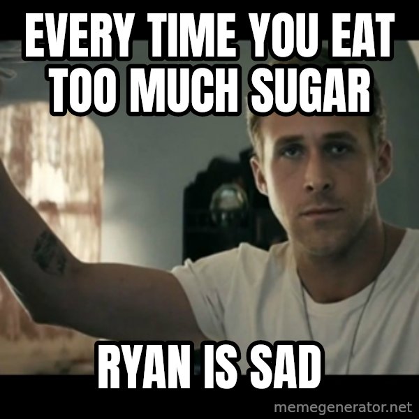 ryan gosling hey girl meme: Every time you eat too much sugar / Ryan is sad
