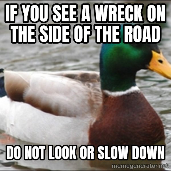 Actual Advice Mallard 1 meme: If you see a wreck on the side of the road / Do not look or slow down