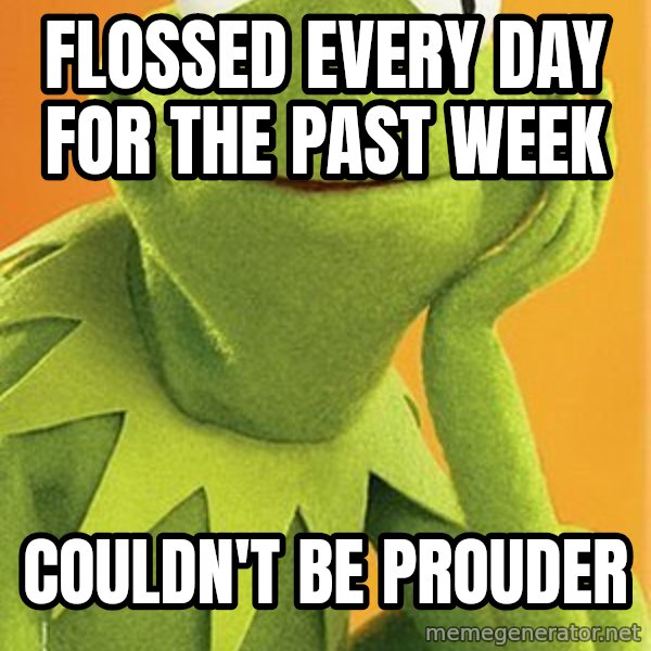 Kermit the frog meme: flossed every day for the past week / couldn't be prouder