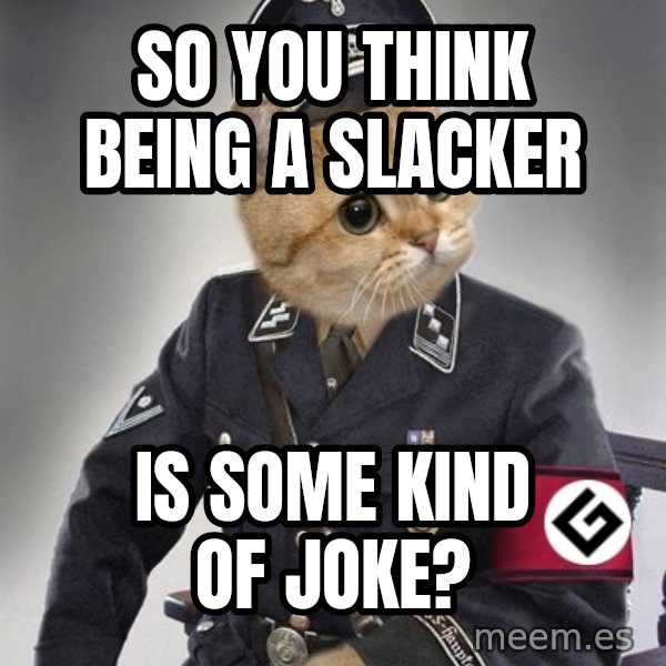 Nazi Cat meme: so you think being a slacker / is some kind of joke?