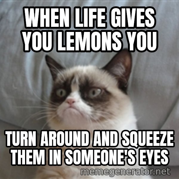 Grumpy cat 5 meme: When life gives you lemons you / turn around and squeeze them in someone's eyes