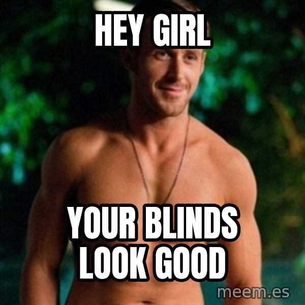 Hey Girl Ryan Gosling meme: Hey       girl / Your blinds look good