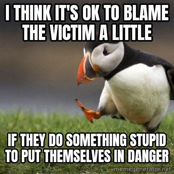Unpopular Opinion Puffin meme: I think it's ok to blame the victim a little / If they do something stupid to put themselves in danger