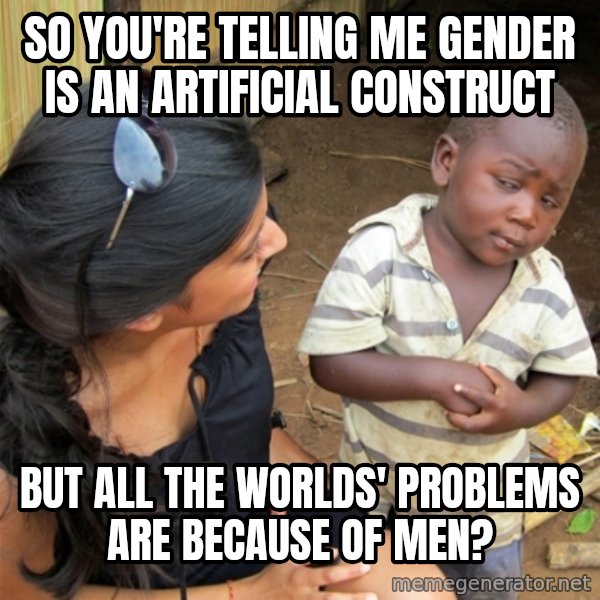 So You're Telling me meme: so you're telling me gender is an artificial construct / but all the worlds' problems are because of men?