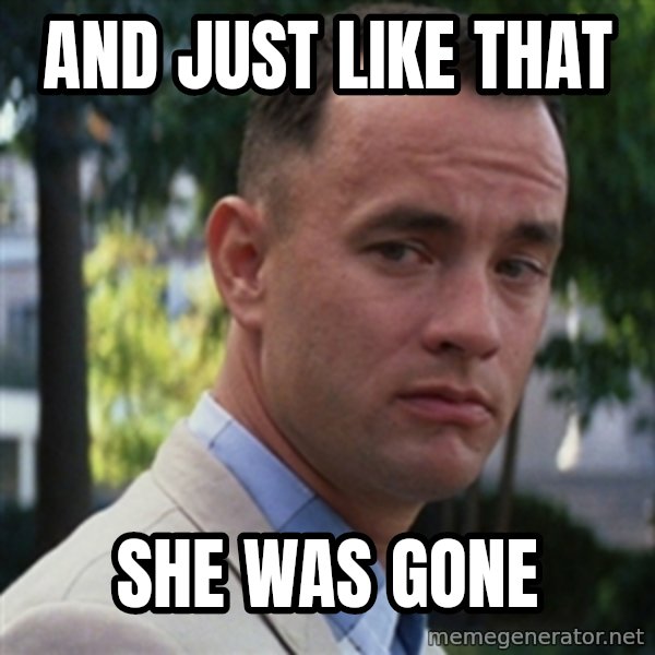 forrest gump meme: And Just Like That / She Was Gone