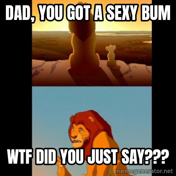 Lion King Shadowy Place meme: dad, you got a sexy bum / wtf did you just say???