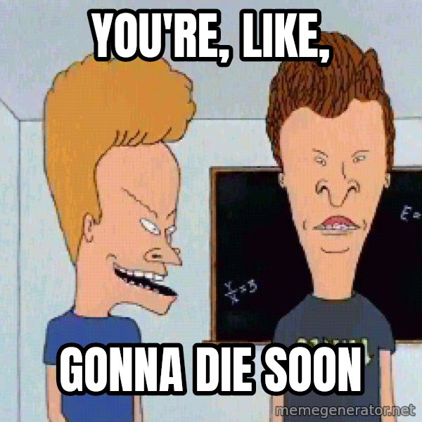 Beavis and butthead meme: YOU'RE, LIKE, / GONNA DIE SOON