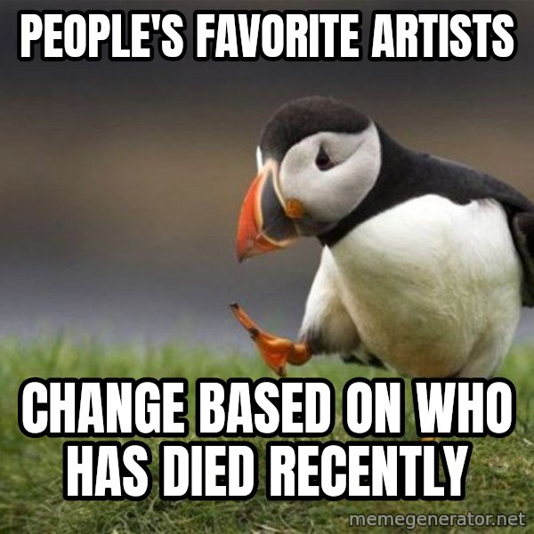 Unpopular Opinion Puffin meme: people's favorite artists / change based on who has died recently