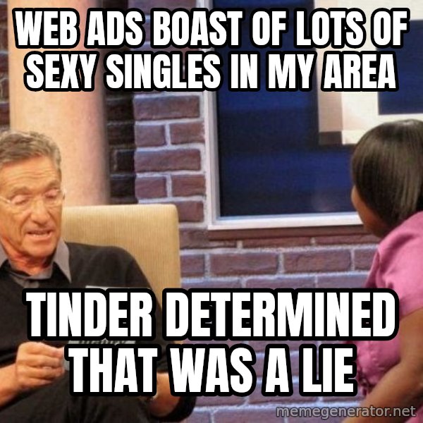 Maury Lie Detector meme: Web ads boast of lots of sexy singles in my area / Tinder determined that was a lie